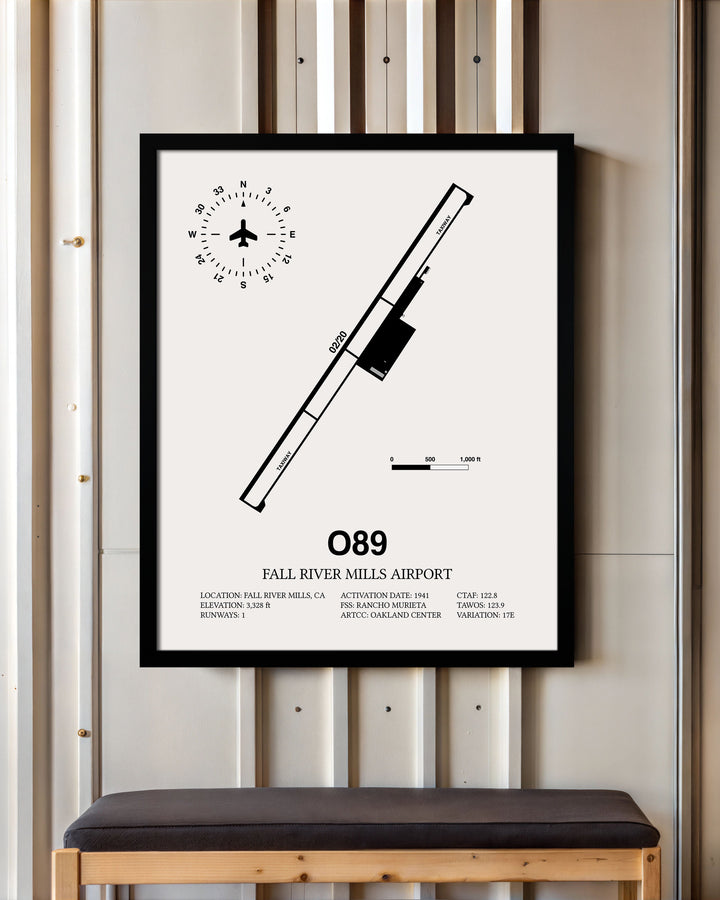 Framed Detailed Airport Map of Fall River Mills Airport (O89) in White with a Black Frame
