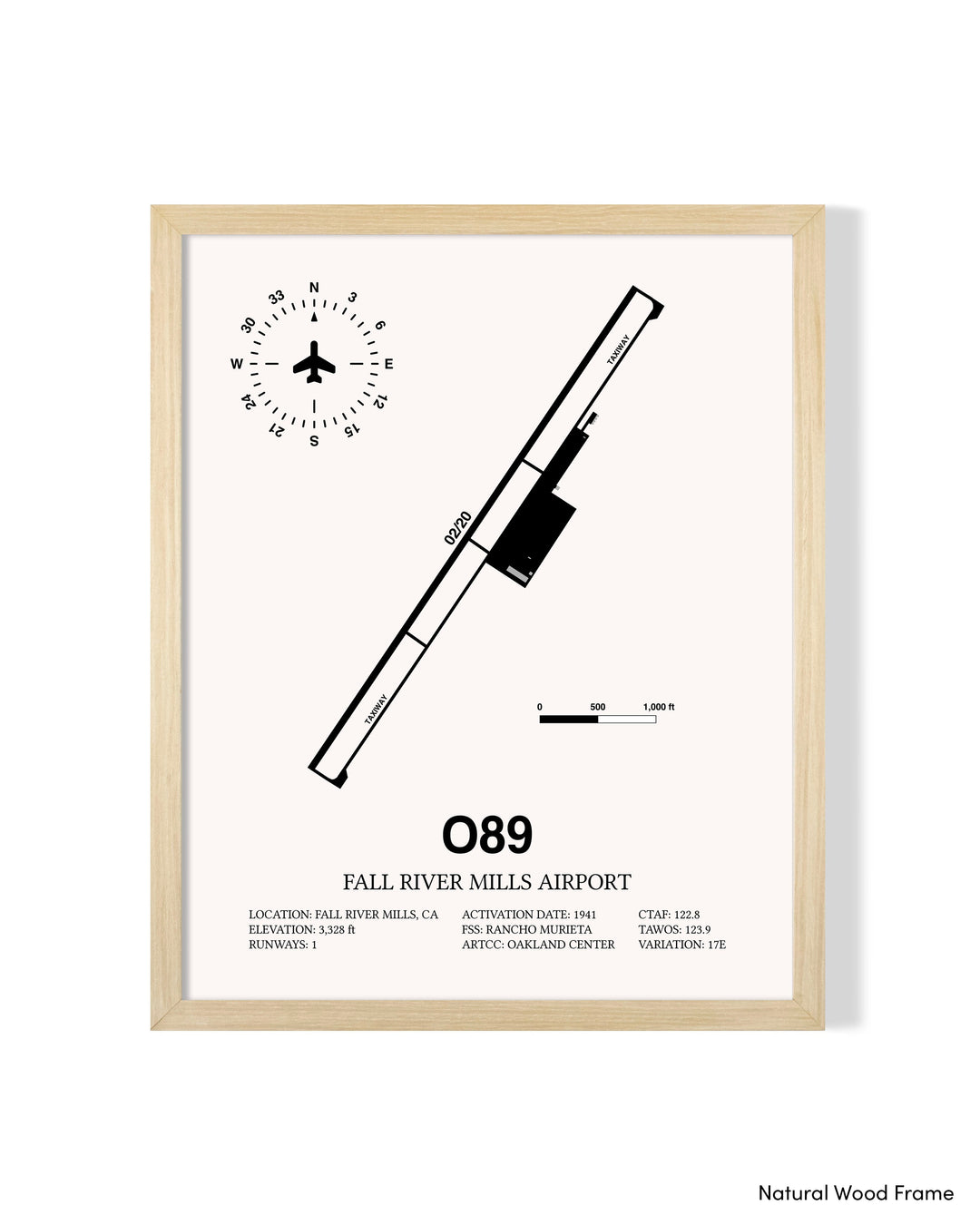 Detailed Airport Map of Fall River Mills Airport (O89) in White with a Natural Frame
