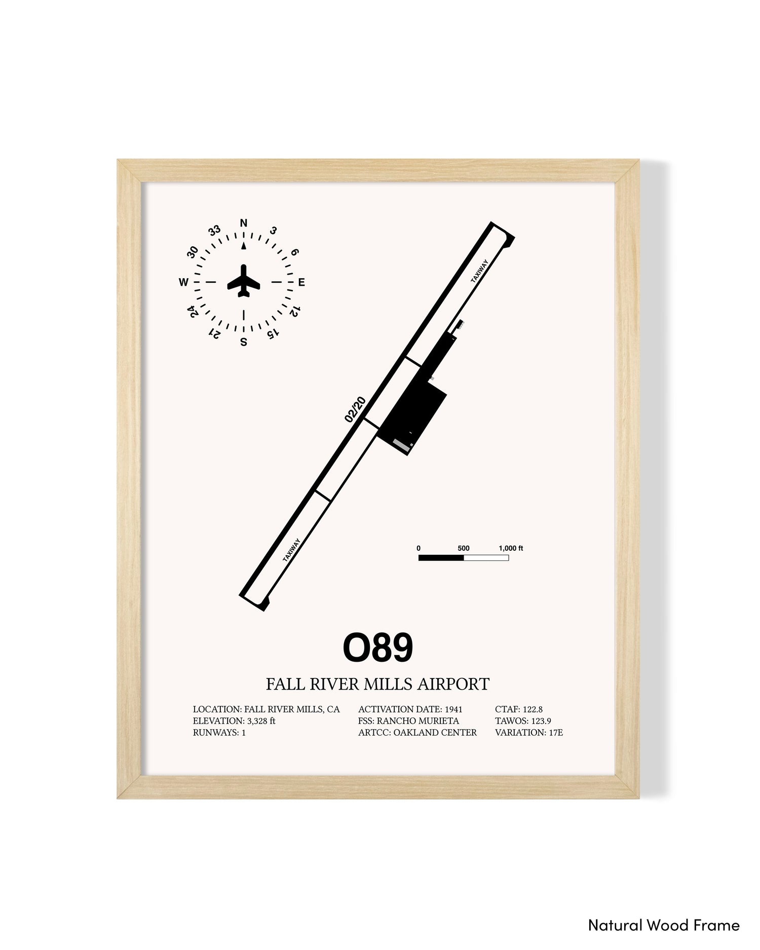 Detailed Airport Map of Fall River Mills Airport (O89) in White with a Natural Frame