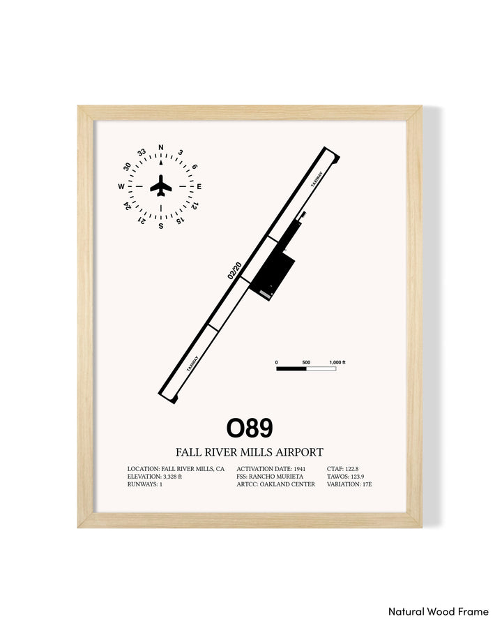 Detailed Airport Map of Fall River Mills Airport (O89) in White with a Natural Frame