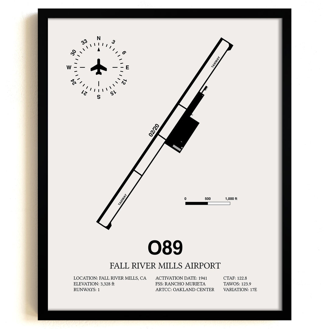 Framed Detailed Airport Map of Fall River Mills Airport (O89) in White with a Black Frame