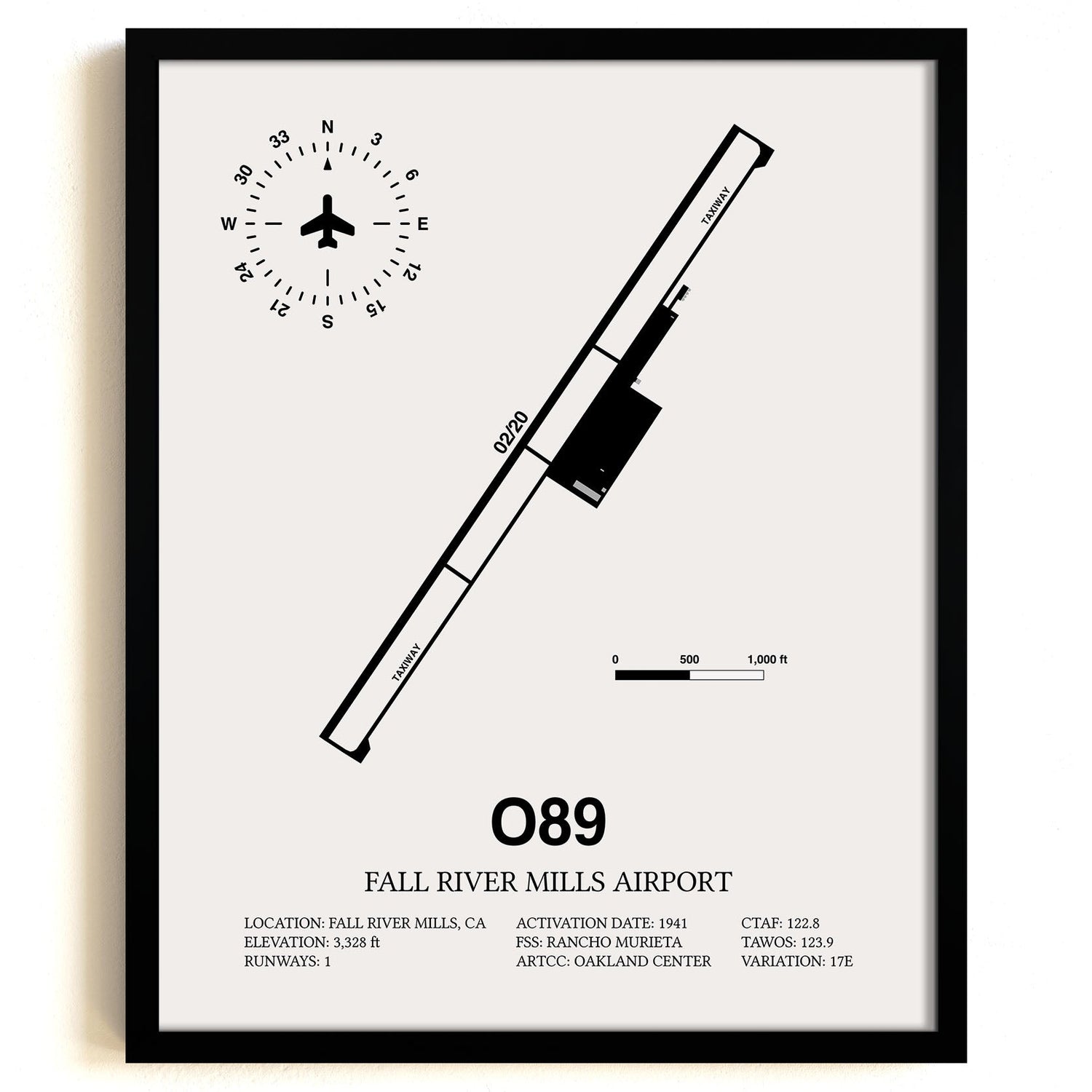 Framed Detailed Airport Map of Fall River Mills Airport (O89) in White with a Black Frame