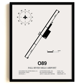 Framed Detailed Airport Map of Fall River Mills Airport (O89) in White with a Black Frame