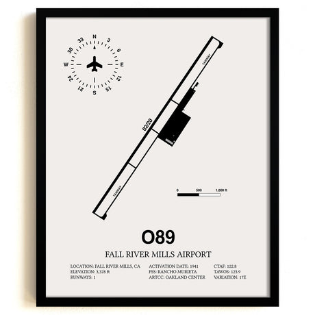 Framed Detailed Airport Map of Fall River Mills Airport (O89) in White with a Black Frame