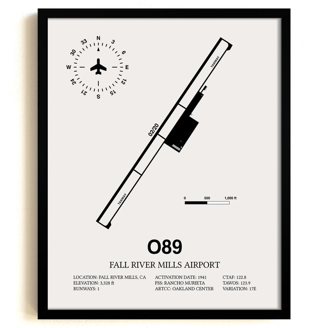 Framed Detailed Airport Map of Fall River Mills Airport (O89) in White with a Black Frame