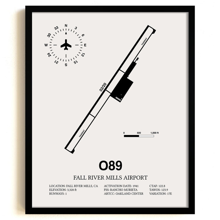 Framed Detailed Airport Map of Fall River Mills Airport (O89) in White with a Black Frame