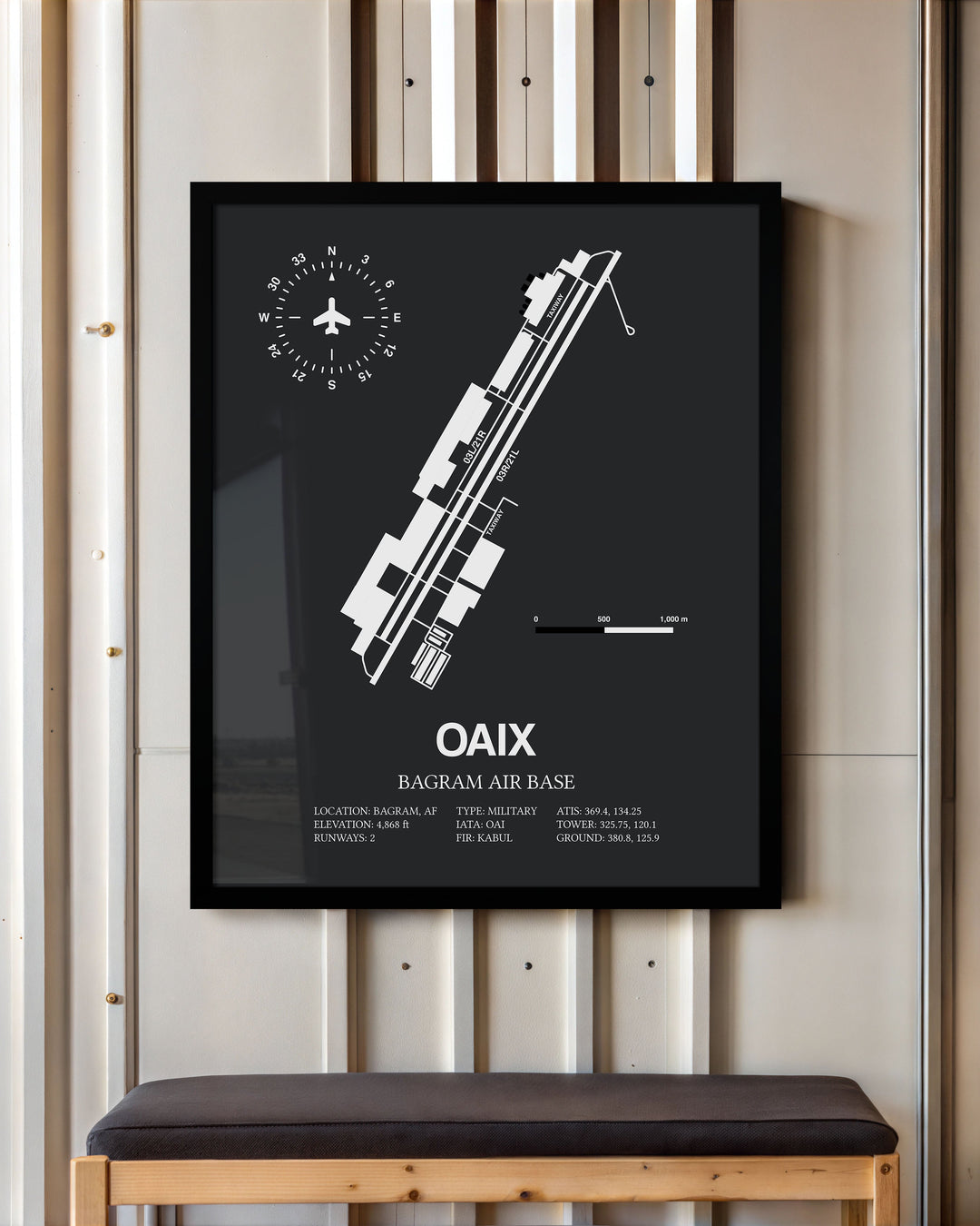 Framed Detailed Airport Map of Bagram Air Base (OAIX) in Gray with a Black Frame