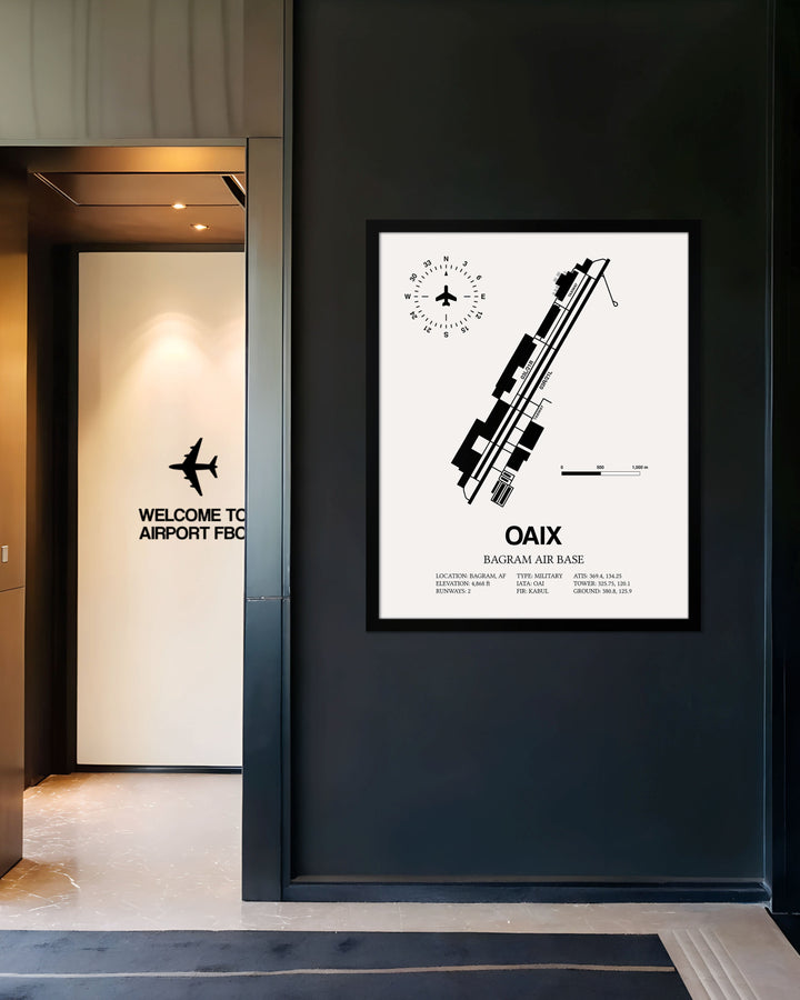 Framed Detailed Airport Map of Bagram Air Base (OAIX) in White with a Black Frame