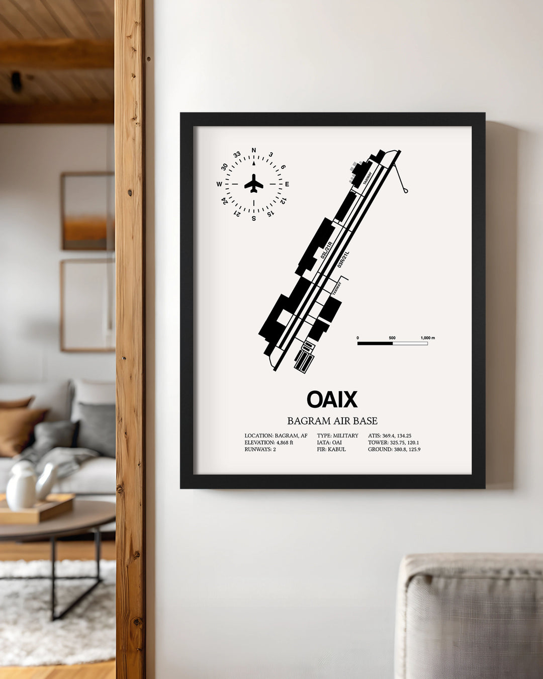 Framed Detailed Airport Map of Bagram Air Base (OAIX) in White with a Black Frame