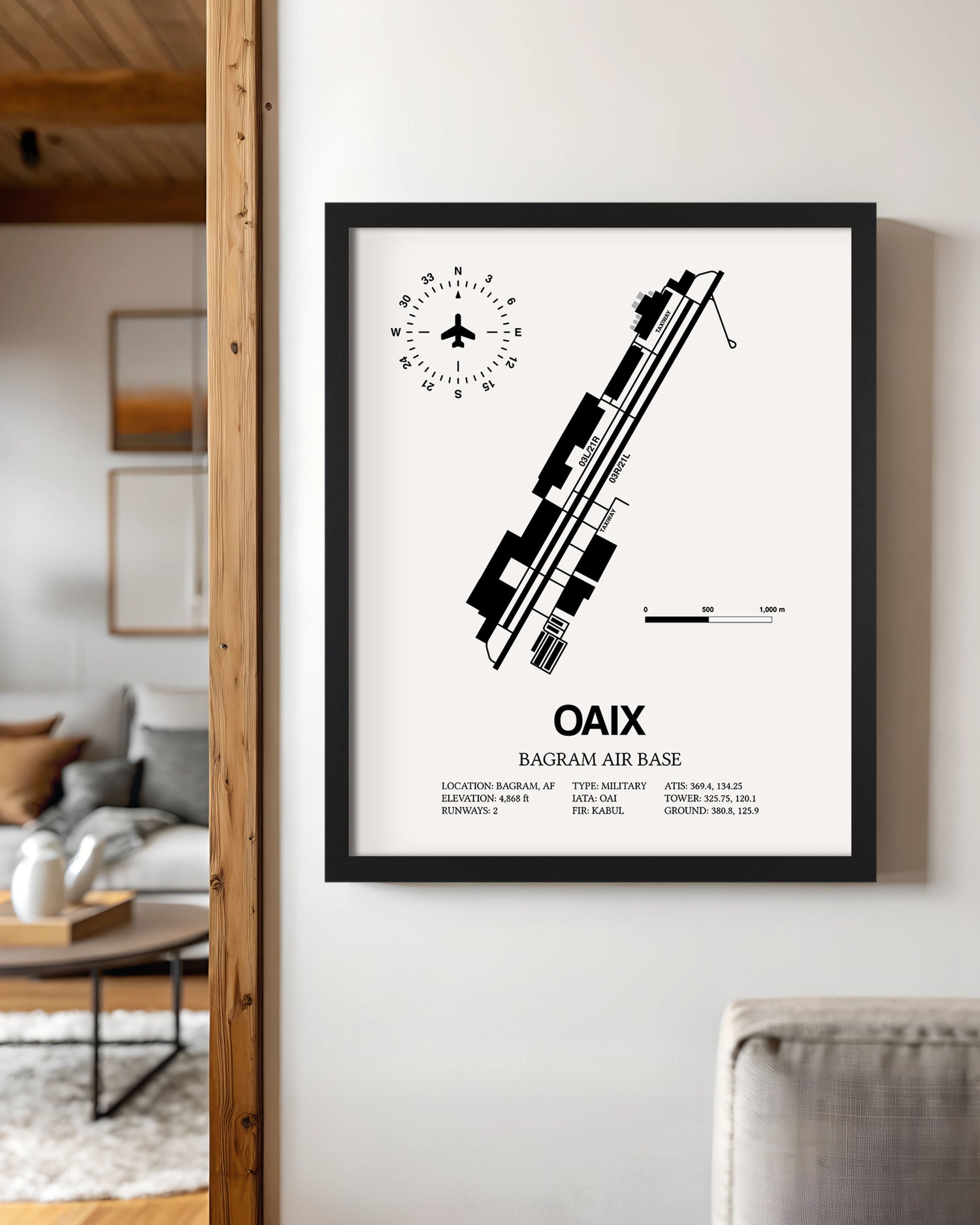 Framed Detailed Airport Map of Bagram Air Base (OAIX) in White with a Black Frame