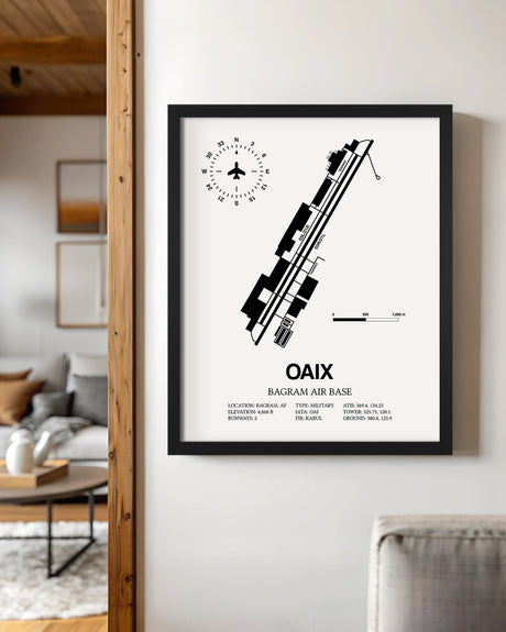 Framed Detailed Airport Map of Bagram Air Base (OAIX) in White with a Black Frame