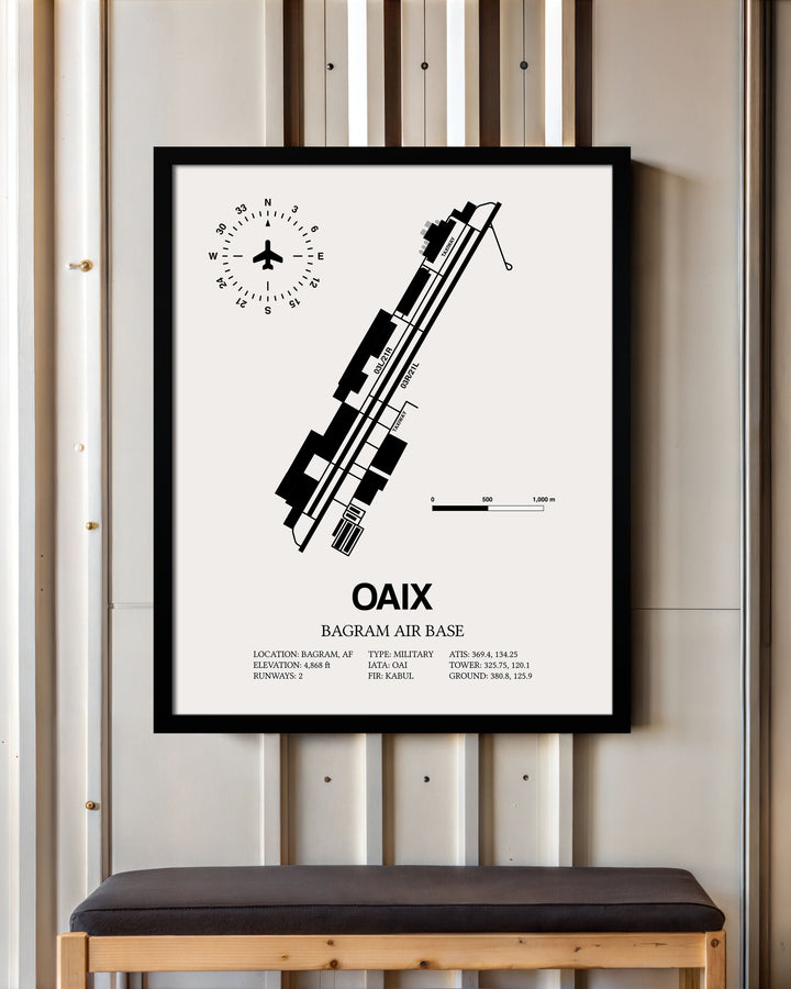 Framed Detailed Airport Map of Bagram Air Base (OAIX) in White with a Black Frame