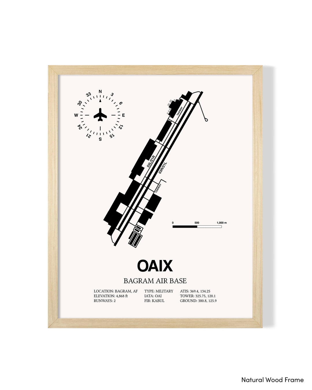 Detailed Airport Map of Bagram Air Base (OAIX) in White with a Natural Frame