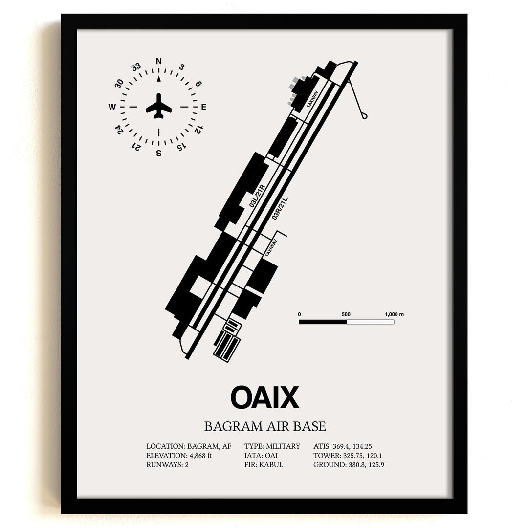 Framed Detailed Airport Map of Bagram Air Base (OAIX) in White with a Black Frame
