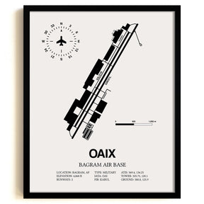 Framed Detailed Airport Map of Bagram Air Base (OAIX) in White with a Black Frame