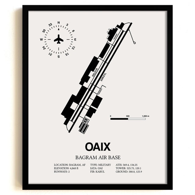 Framed Detailed Airport Map of Bagram Air Base (OAIX) in White with a Black Frame