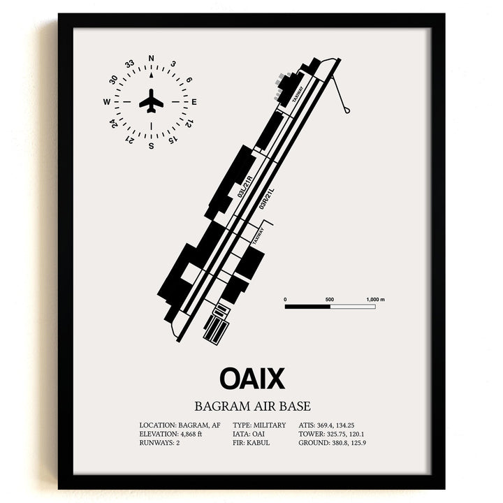 Framed Detailed Airport Map of Bagram Air Base (OAIX) in White with a Black Frame