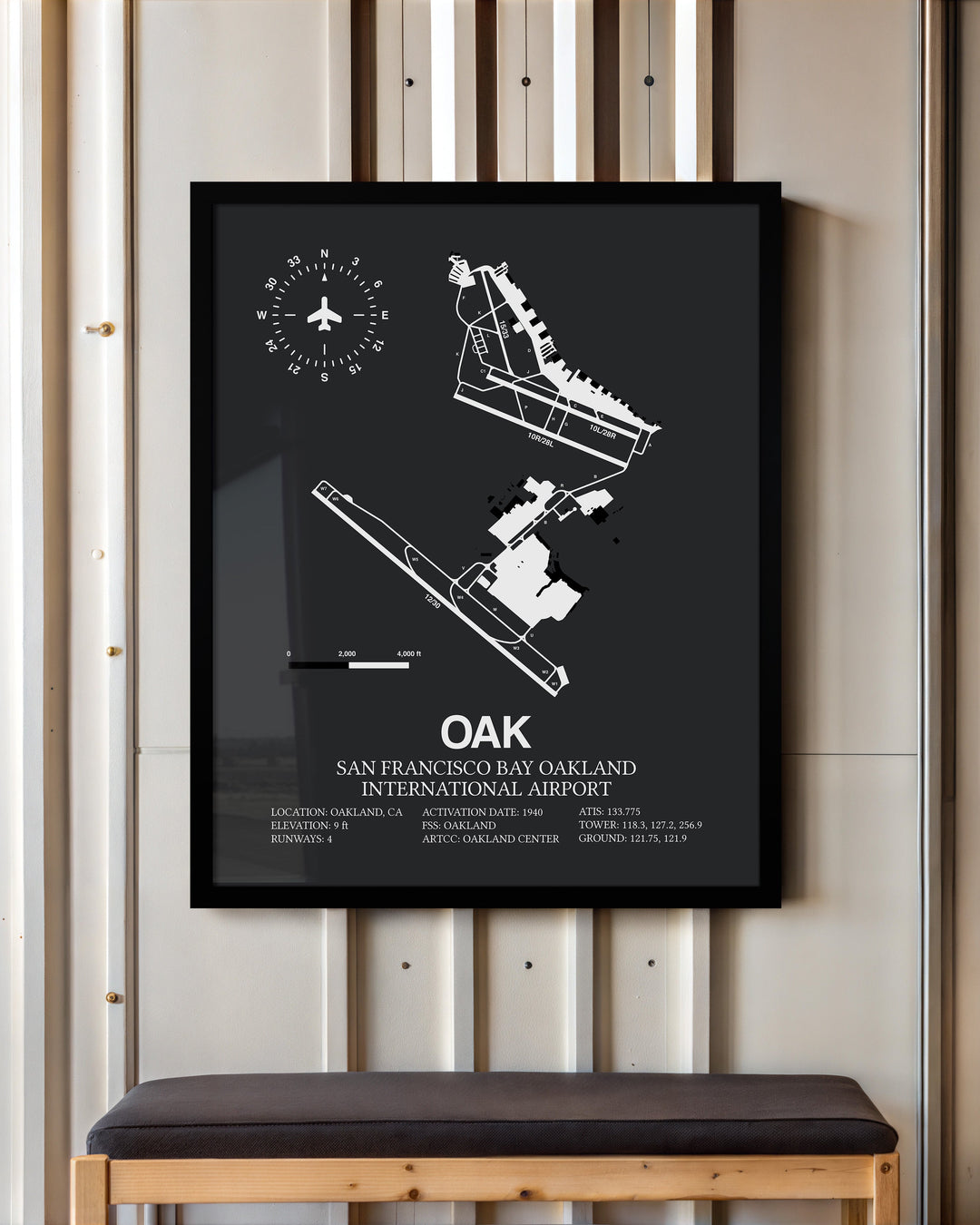 Framed Detailed Airport Map of Oakland International Airport (OAK) in Gray with a Black Frame