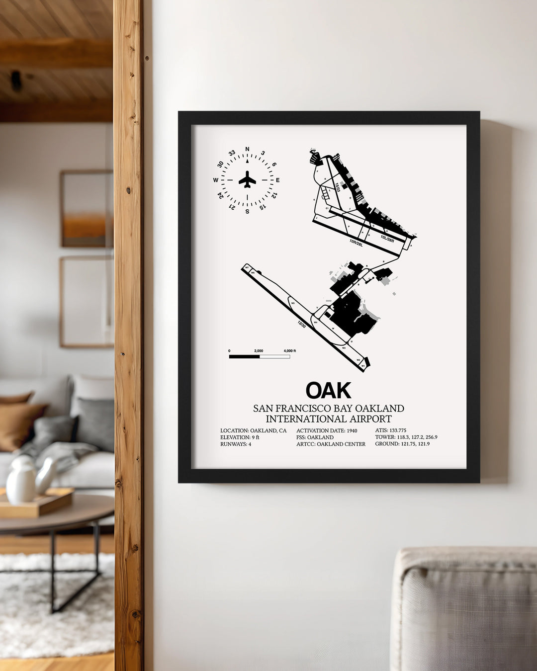 Framed Detailed Airport Map of Oakland International Airport (OAK) in White with a Black Frame