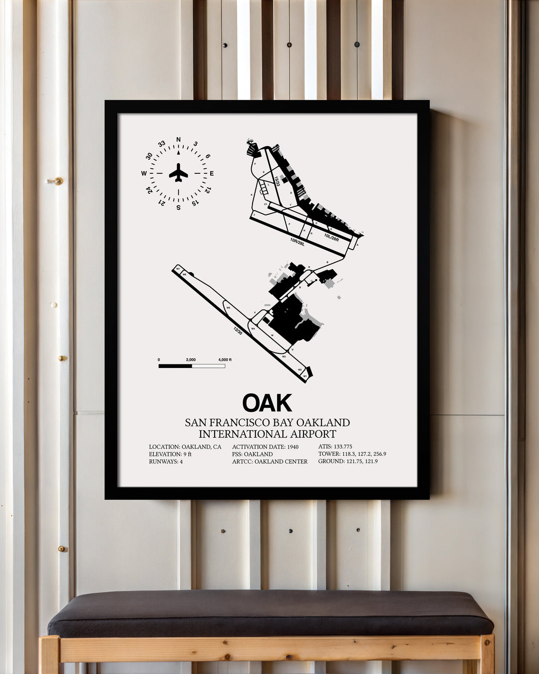Framed Detailed Airport Map of Oakland International Airport (OAK) in White with a Black Frame