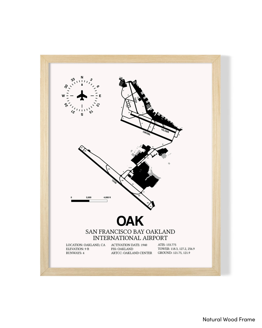 Detailed Airport Map of Oakland International Airport (OAK) in White with a Natural Frame