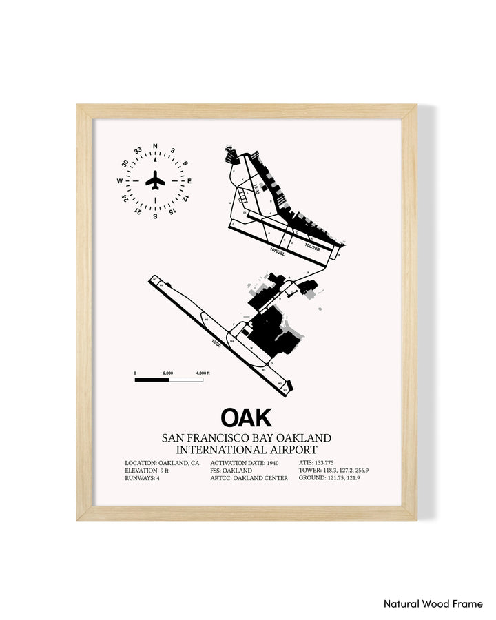 Detailed Airport Map of Oakland International Airport (OAK) in White with a Natural Frame