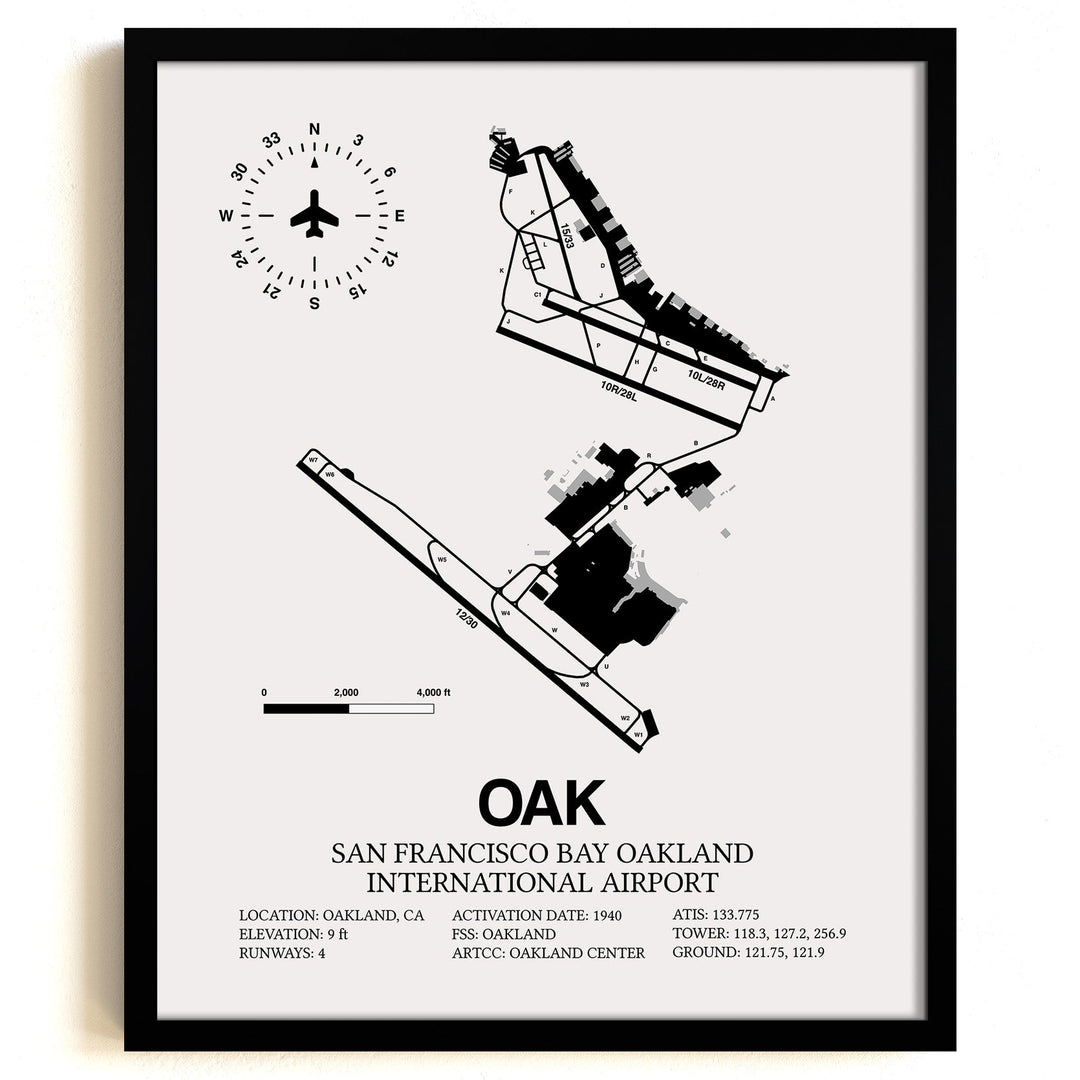 Framed Detailed Airport Map of Oakland International Airport (OAK) in White with a Black Frame
