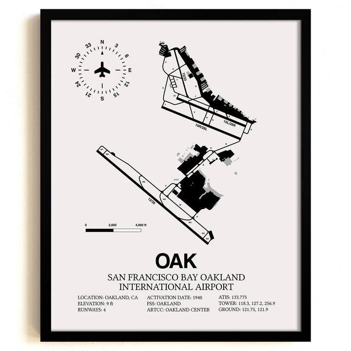 Framed Detailed Airport Map of Oakland International Airport (OAK) in White with a Black Frame