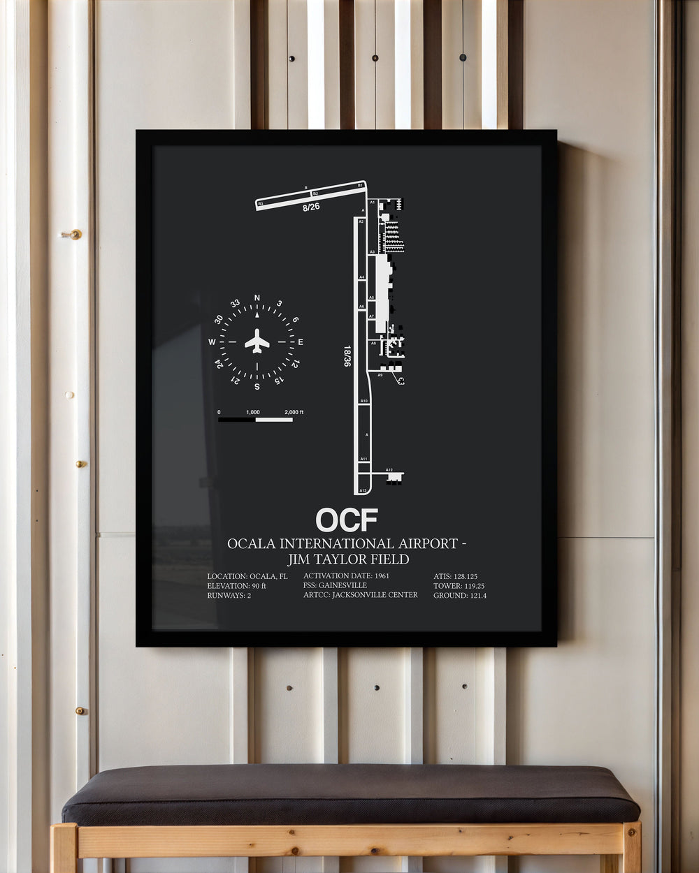 Framed Detailed Airport Map of Ocala International Airport - Jim Taylor Field (OCF) in Gray with a Black Frame