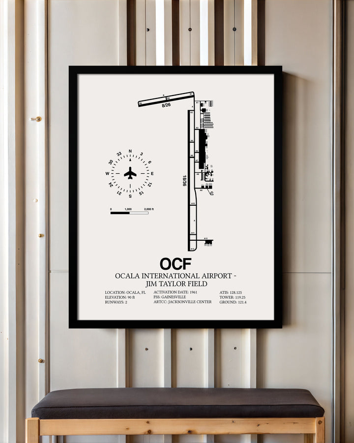 Framed Detailed Airport Map of Ocala International Airport - Jim Taylor Field (OCF) in White with a Black Frame