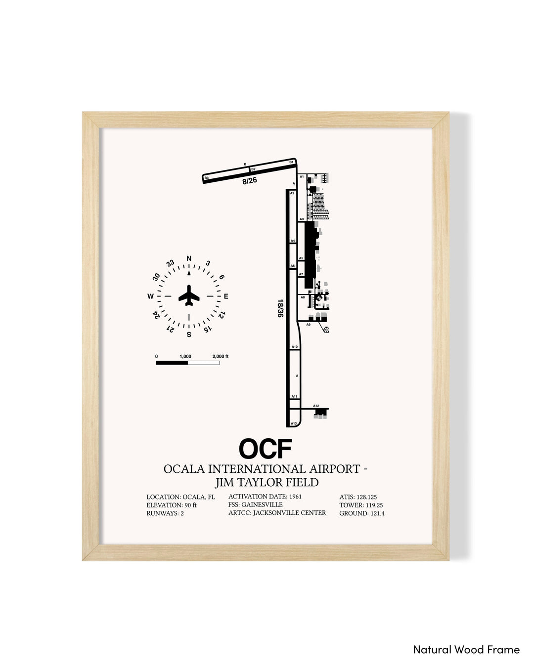 Detailed Airport Map of Ocala International Airport - Jim Taylor Field (OCF) in White with a Natural Frame