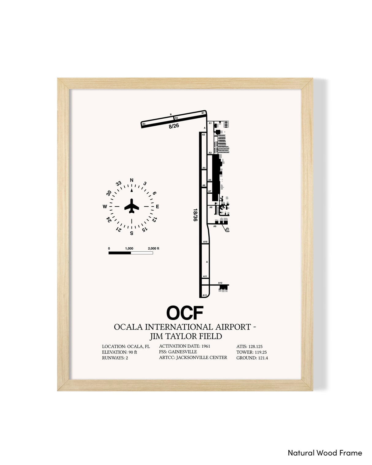 Detailed Airport Map of Ocala International Airport - Jim Taylor Field (OCF) in White with a Natural Frame