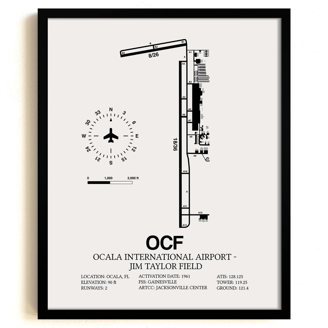 Framed Detailed Airport Map of Ocala International Airport - Jim Taylor Field (OCF) in White with a Black Frame