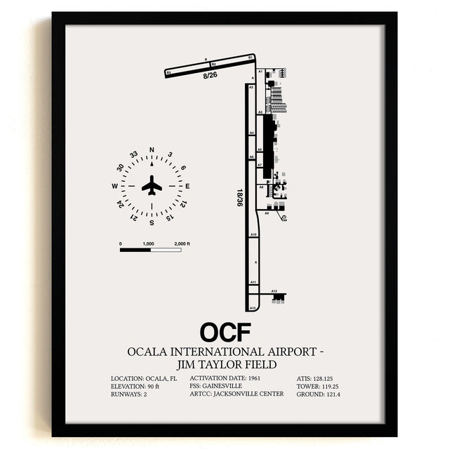 Framed Detailed Airport Map of Ocala International Airport - Jim Taylor Field (OCF) in White with a Black Frame