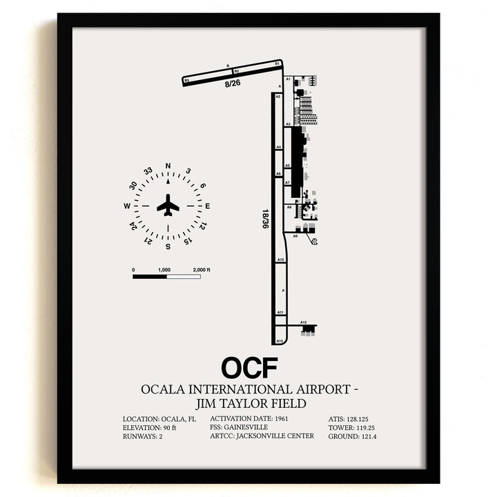 Framed Detailed Airport Map of Ocala International Airport - Jim Taylor Field (OCF) in White with a Black Frame