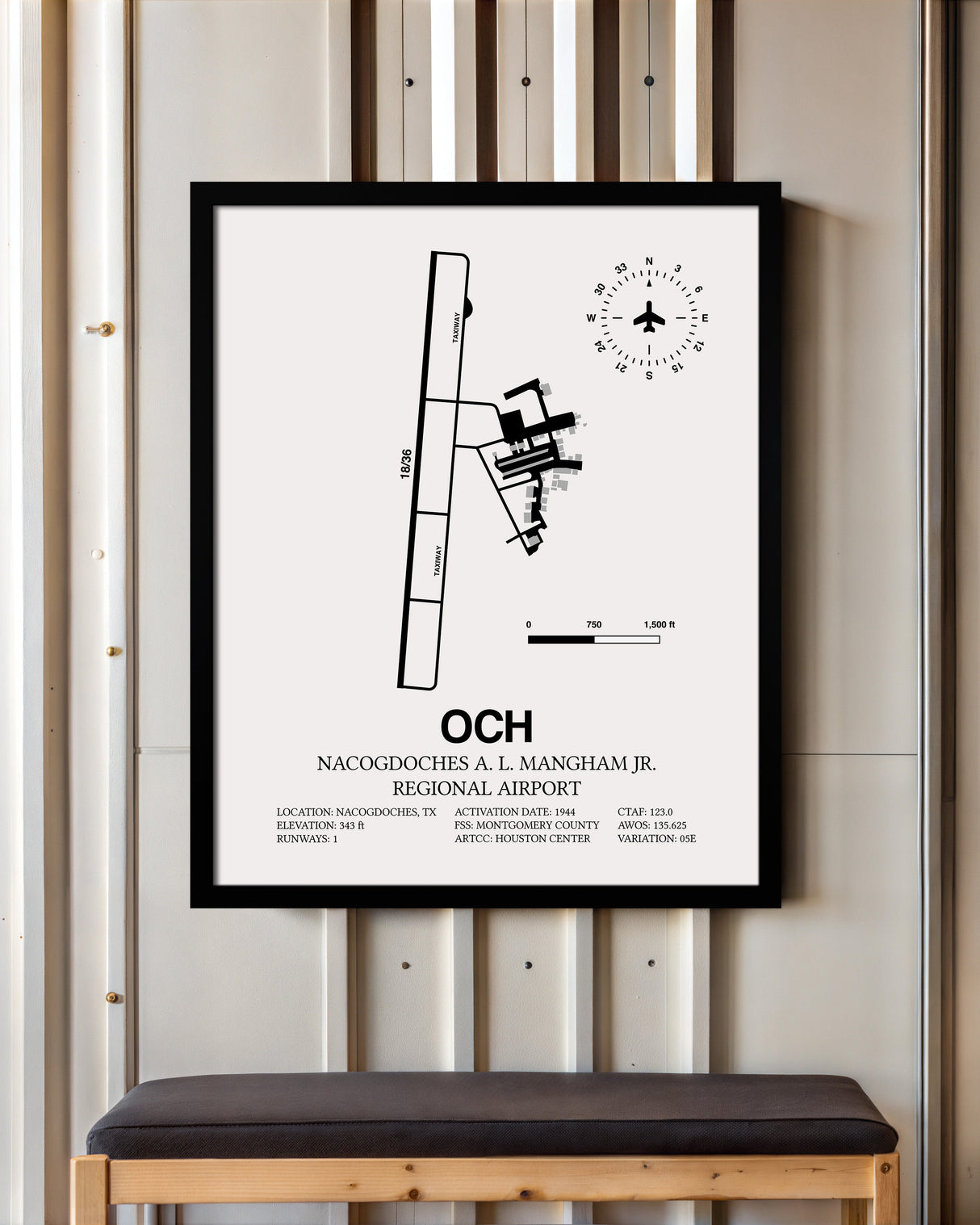 Framed Detailed Airport Map of Nacogdoches A. L. Mangham Jr. Regional Airport (OCH) in White with a Black Frame