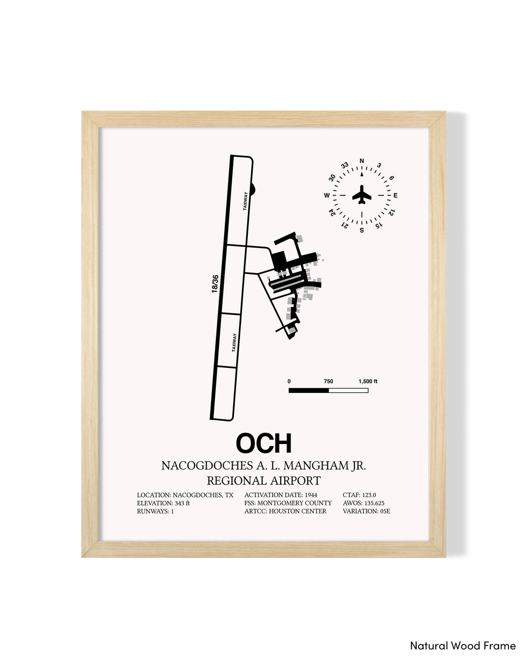 Detailed Airport Map of Nacogdoches A. L. Mangham Jr. Regional Airport (OCH) in White with a Natural Frame