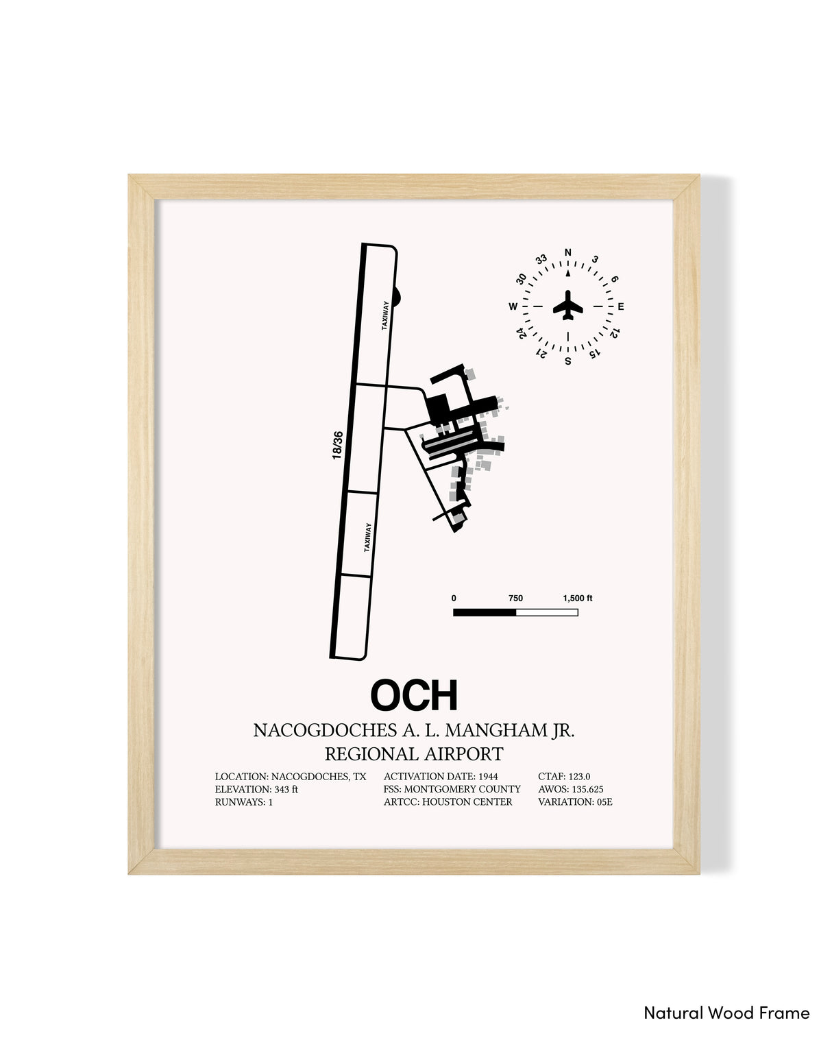 Detailed Airport Map of Nacogdoches A. L. Mangham Jr. Regional Airport (OCH) in White with a Natural Frame