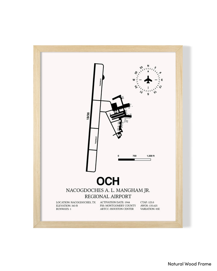 Detailed Airport Map of Nacogdoches A. L. Mangham Jr. Regional Airport (OCH) in White with a Natural Frame