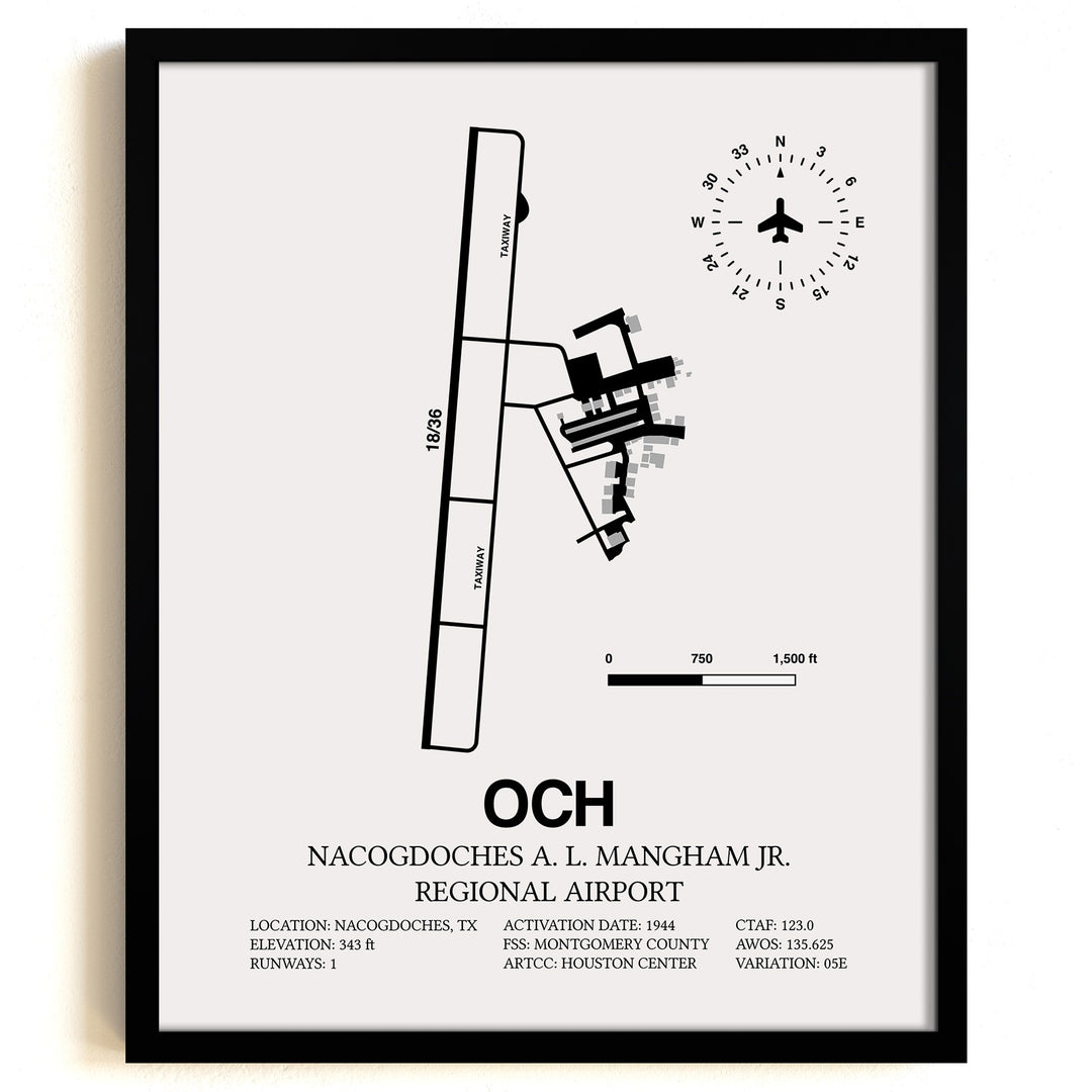 Framed Detailed Airport Map of Nacogdoches A. L. Mangham Jr. Regional Airport (OCH) in White with a Black Frame