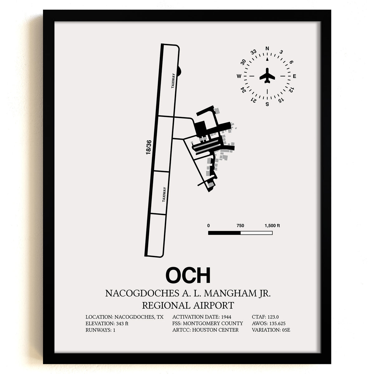 Framed Detailed Airport Map of Nacogdoches A. L. Mangham Jr. Regional Airport (OCH) in White with a Black Frame