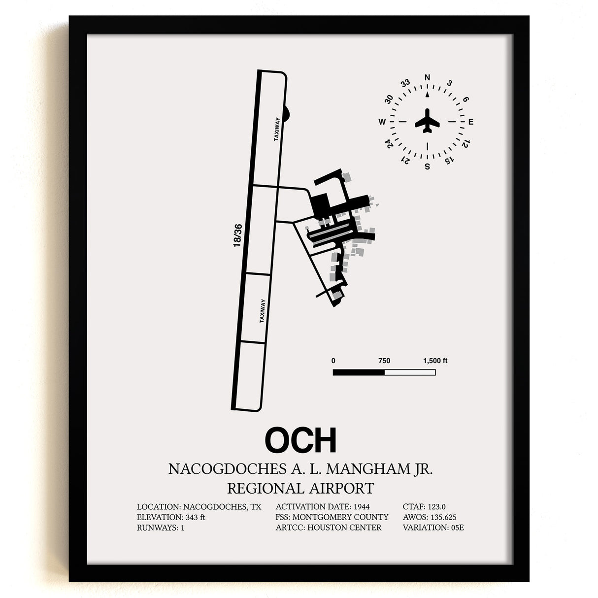 Framed Detailed Airport Map of Nacogdoches A. L. Mangham Jr. Regional Airport (OCH) in White with a Black Frame