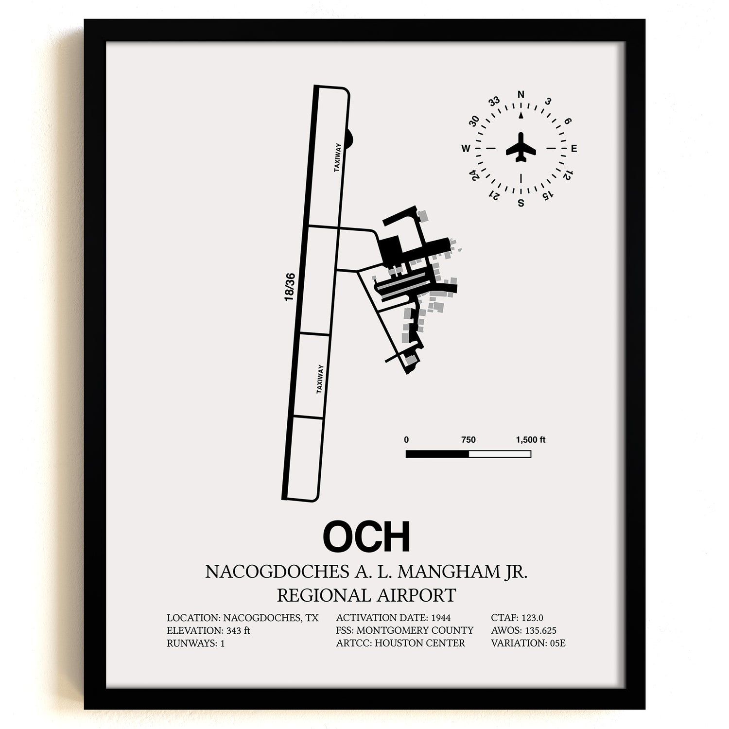 Framed Detailed Airport Map of Nacogdoches A. L. Mangham Jr. Regional Airport (OCH) in White with a Black Frame