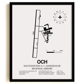 Framed Detailed Airport Map of Nacogdoches A. L. Mangham Jr. Regional Airport (OCH) in White with a Black Frame