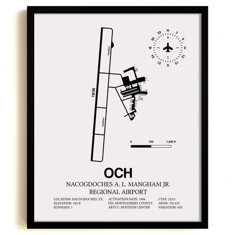 Framed Detailed Airport Map of Nacogdoches A. L. Mangham Jr. Regional Airport (OCH) in White with a Black Frame