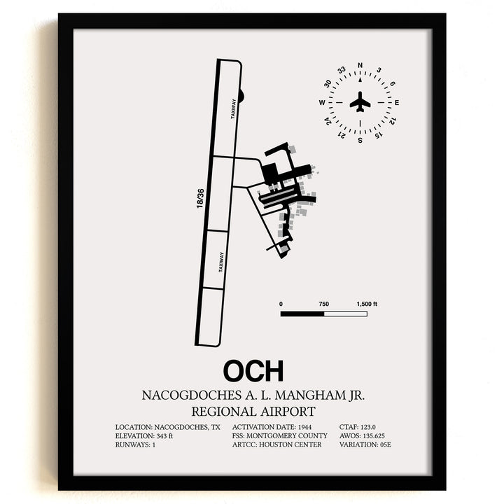 Framed Detailed Airport Map of Nacogdoches A. L. Mangham Jr. Regional Airport (OCH) in White with a Black Frame