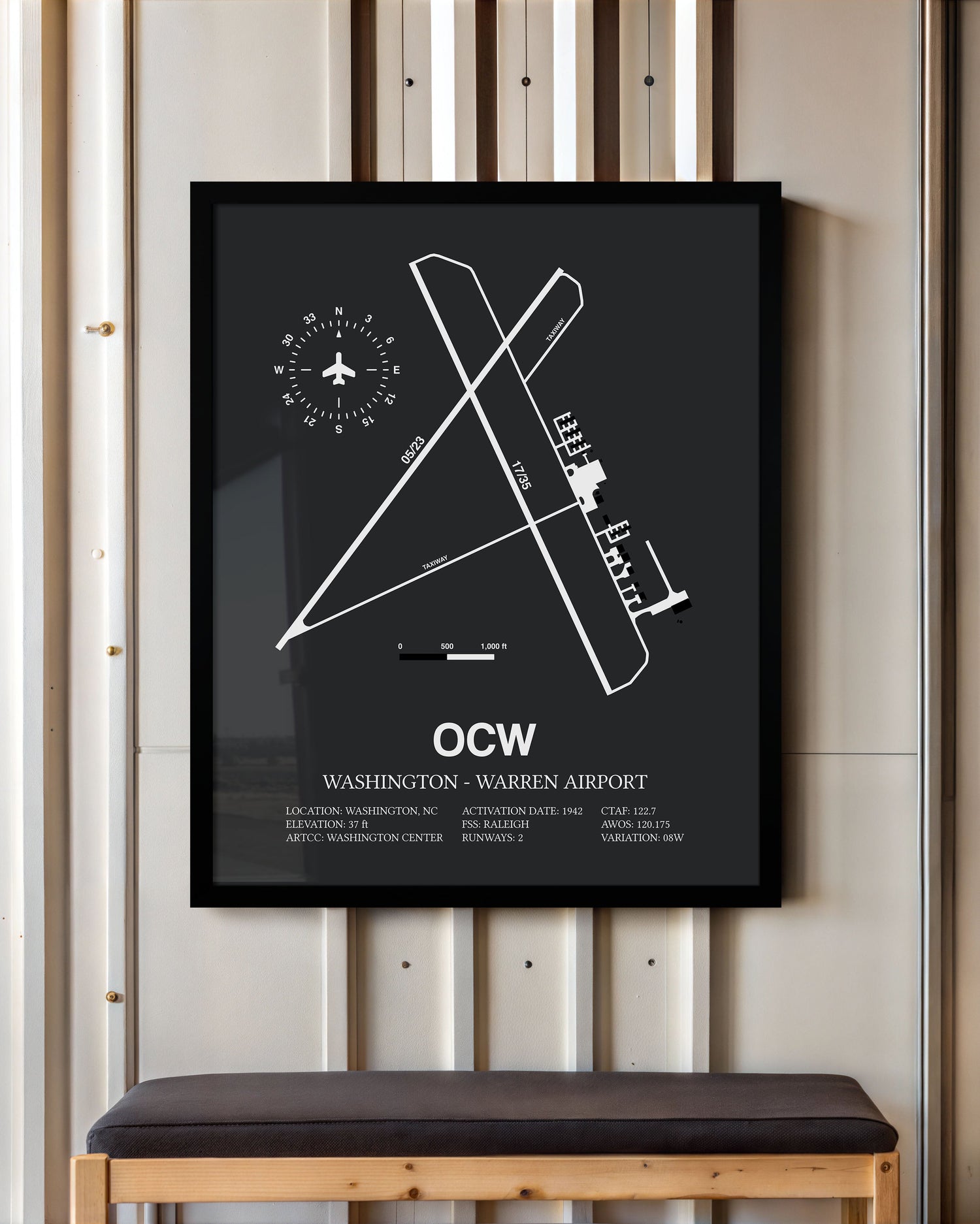 Framed Detailed Airport Map of Washington - Warren Airport (OCW) in Gray with a Black Frame