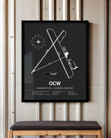 Framed Detailed Airport Map of Washington - Warren Airport (OCW) in Gray with a Black Frame