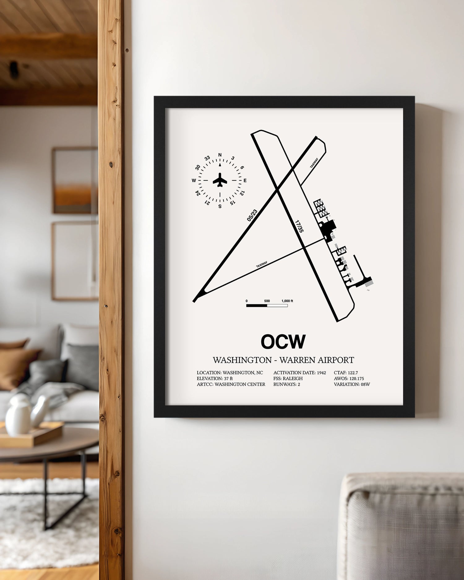 Framed Detailed Airport Map of Washington - Warren Airport (OCW) in White with a Black Frame