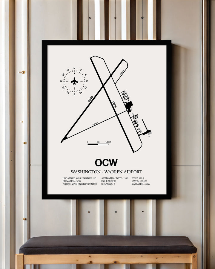 Framed Detailed Airport Map of Washington - Warren Airport (OCW) in White with a Black Frame